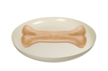 Dry dog bone in plate isolated on white background