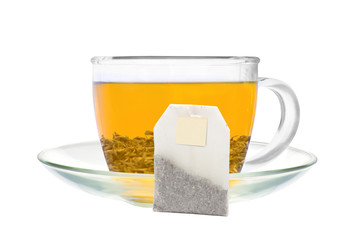 Transparent cup of green tea and tea bag isolated on white backg