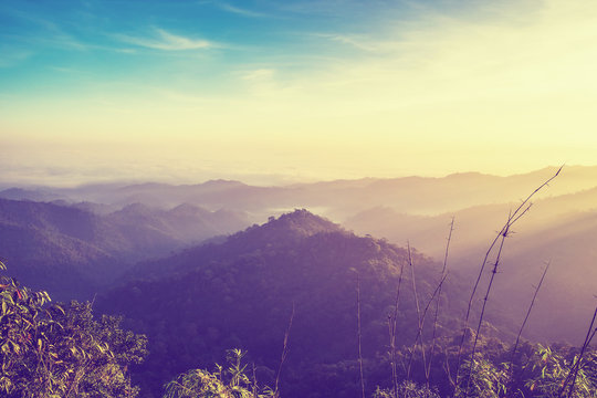 Mountain soft fog scenic sunrise morning at thongphaphum, kancha