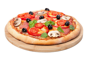 Tasty, flavorful pizza isolated on white background