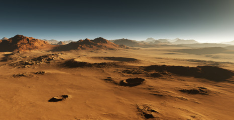 Dust on Mars. Sunset on Mars. Martian landscape with craters