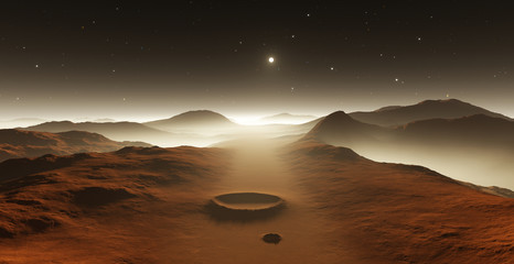 Dust storm on Mars. Sunset on Mars. Martian landscape with craters