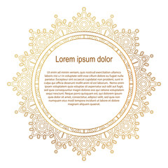 Round gold border frame. Mandala ornament. Can be used for decoration and design photo frame, menu, card, scrapbook, album. Vector Illustration. White background.