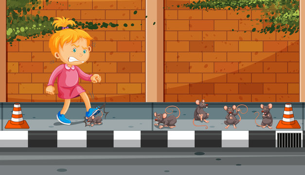 Girl kicking rats on the street