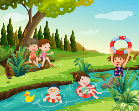 Children swimming in the river