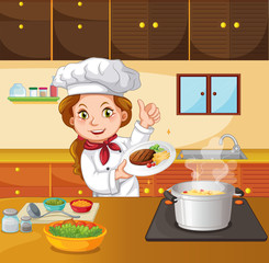 Female chef cooking in the kitchen