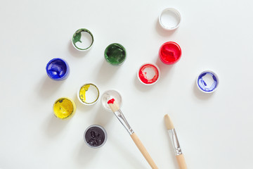 Art and Creation Concept Set of color Paints and wooden Brush