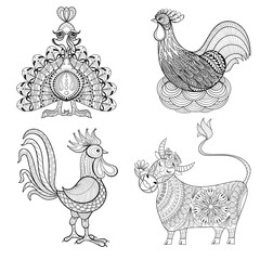 Cow, Chicken in nest, Rooster, Turkey for adult coloring page, z
