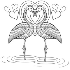 Obraz premium Coloring page with Flamingo in love, zentangle hand drawing illu