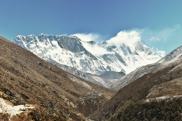 Fototapeta na wymiar Everest mountain range panorama. Everest, Lhotse and Nuptse shar.