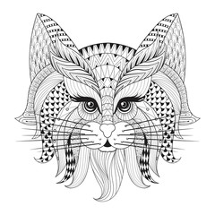 Zentangle Hand drawn Cat face for adult antistress coloring page