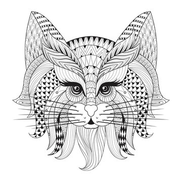 Zentangle Hand drawn Cat face for adult antistress coloring page