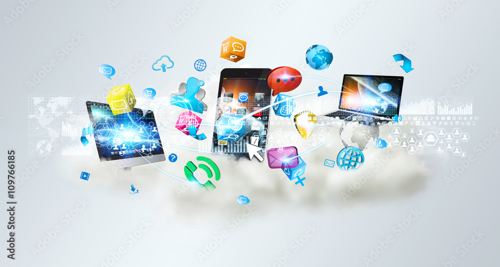 Wall mural tech devices and icons applications over a cloud