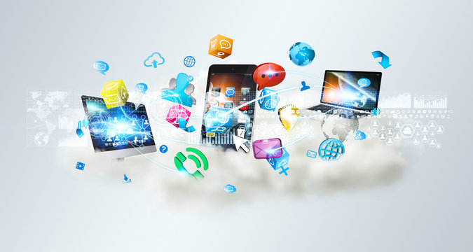 Tech devices and icons applications over a cloud