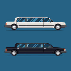 White limo and black limousine. Flat vector illustration. Isolate. Luxary vehicle. Side view