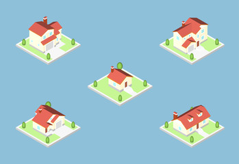 Three-dimensional isometric village buildings, Real estate icon