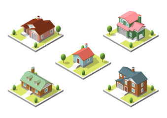 isometric buildings set. Flat style. Vector illustration Urban and Rural Houses collection.