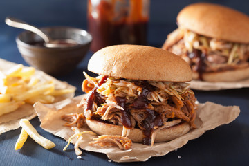 homemade pulled pork burger with coleslaw and bbq sauce © Olga Miltsova