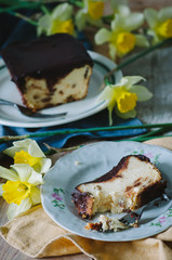 Cottage cheese casserole with with raisins and chocolate icing
