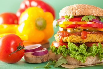 veggie chickpea and sweetcorn burger with pepper jalapeno onion