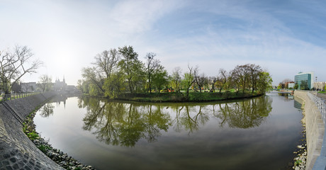 The panorama of Wroclaw park and Odra river