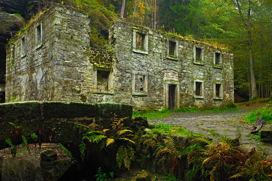 Old ruin Dolsky mlyn with Kamenice river, National park Bohemian Switzerland, Czech republic