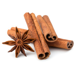 cinnamon stick and star anise spice isolated on white background