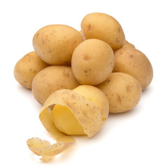 peeled potato tuber with peel spiral isolated on white backgroun
