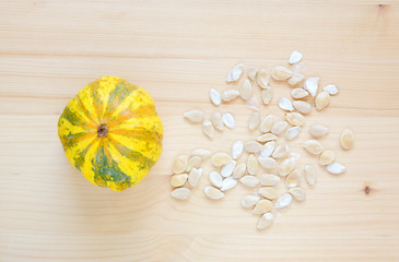 Seedling pumpkin on a wooden table.