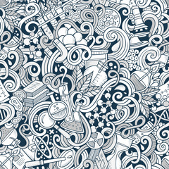 Cartoon hand-drawn science doodles seamless pattern