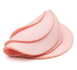 cooked boiled ham sausage or rolled bologna slices isolated on w