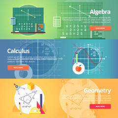 Mathematical science. Algebra. Calculus. Geometry. Exact science. Education and science banners set. Vector flat design concept.