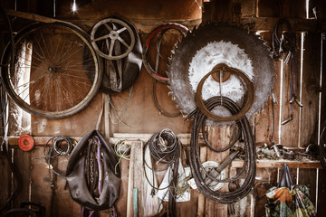 Old barn wall with tools, retro style, vignette