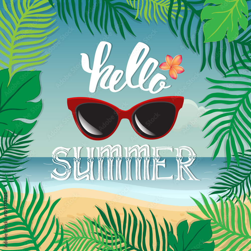 Wall mural Hello summer. Vector summer illustration hand lettering. The leaves of palm trees and tropical flowers on a background of the sea coast. - Wall murals