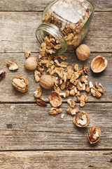 walnuts on rustic old wooden table