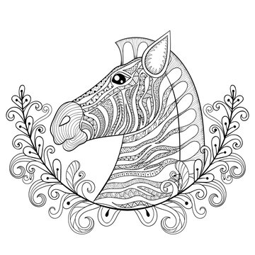 Zebra in Floral frame. Vector zentangle Zebra Head illustration,