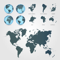 World Map with Globes detailed editable. Vector illustration.