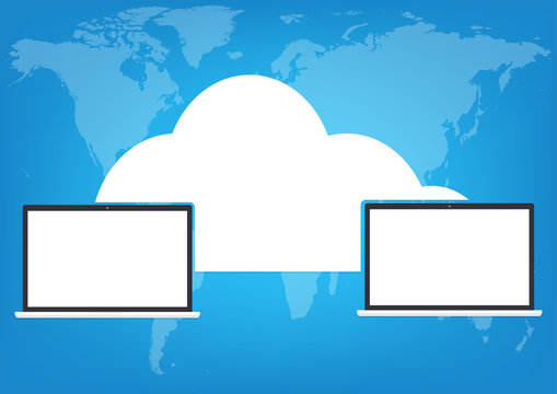 Two computers laptop connected cloud on world map blue background