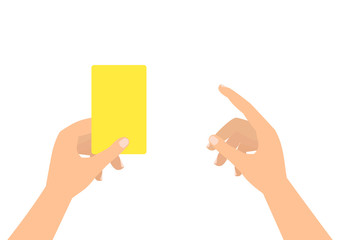 Football soccer referee hands with yellow card and finger pointing.