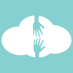 Helping hand on white cloud icon. Flat design style help concept.