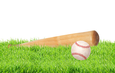 baseball ball and bat on green grass isolated on white
