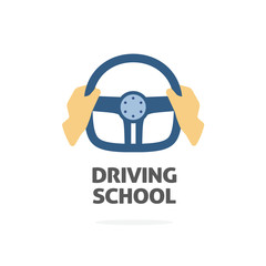 Driving school logo vector template, hands holding sport steering wheel icon, flat trendy cartoon symbol design isolated on white background sign