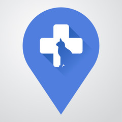 Icono plano localizacion con cruz con gato con sombra