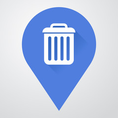 Icono plano localizacion con cubo basura con sombra