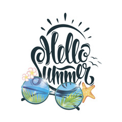 Summer poster, lettering, freehand drawing, beach, sun, glasses,