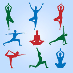 Yoga Positions. Silhouettes icons set. Vector illustration	