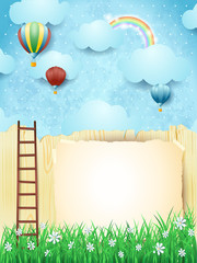 Surreal landscape with stairway and hot air balloons