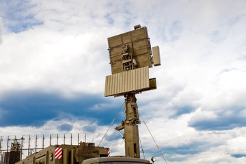 Mobile radar station in russian army against blue sky