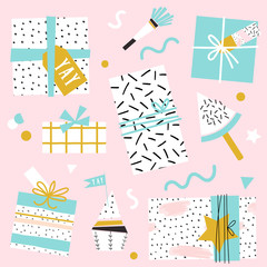 Collection of cute funny birthday item. Wedding, anniversary, birthday, Valentin's day, party invitations. Cake, cupcakes, present boxes and ice cream. Summer memphis background.