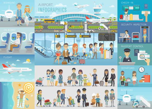 Airport Infographic set with charts and other elements.